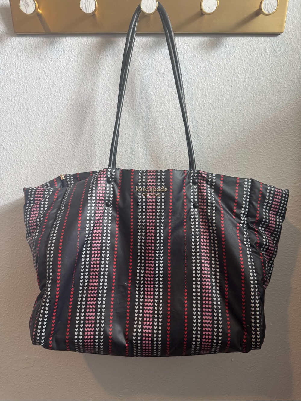 kate spade Black Puff Tote with Pink, Red and White Heart Stripes